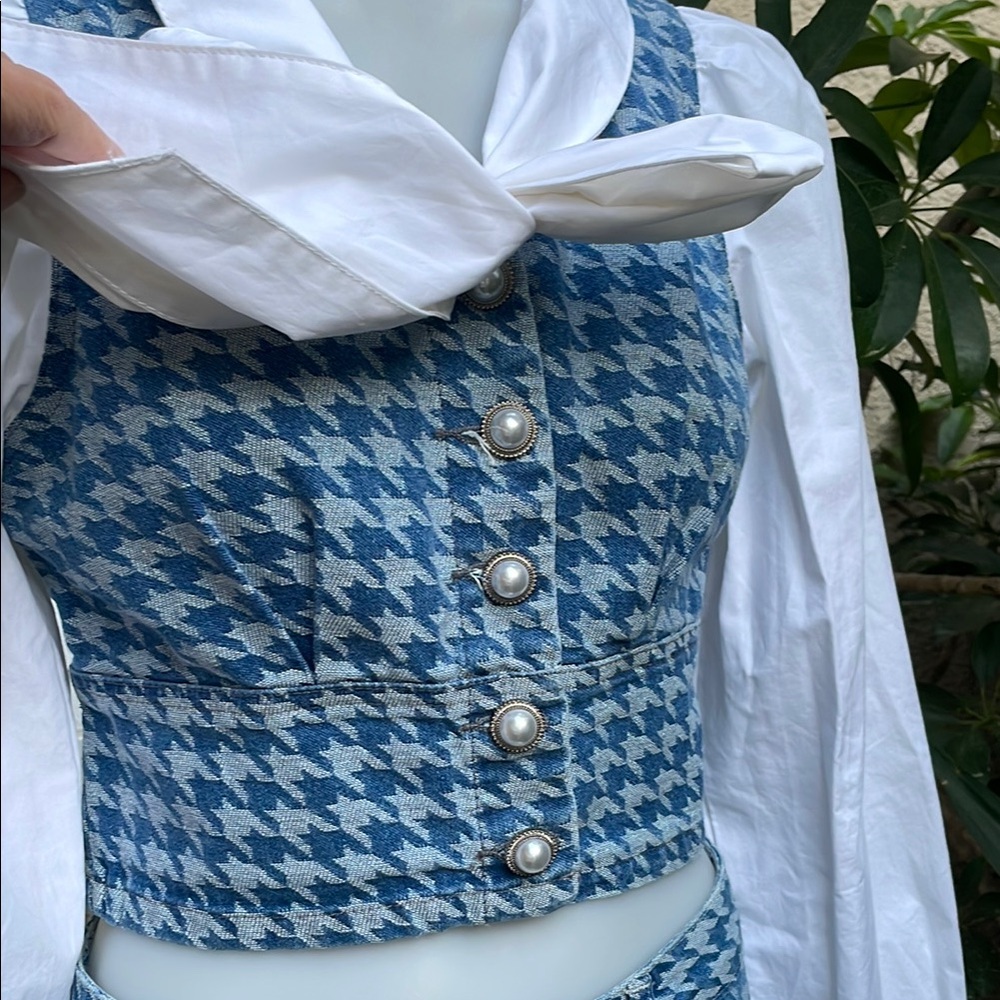 NewBlue Houndstooth Urban Revivo Cotton Skirt Set with Bow Detail - Picture 7 of 15